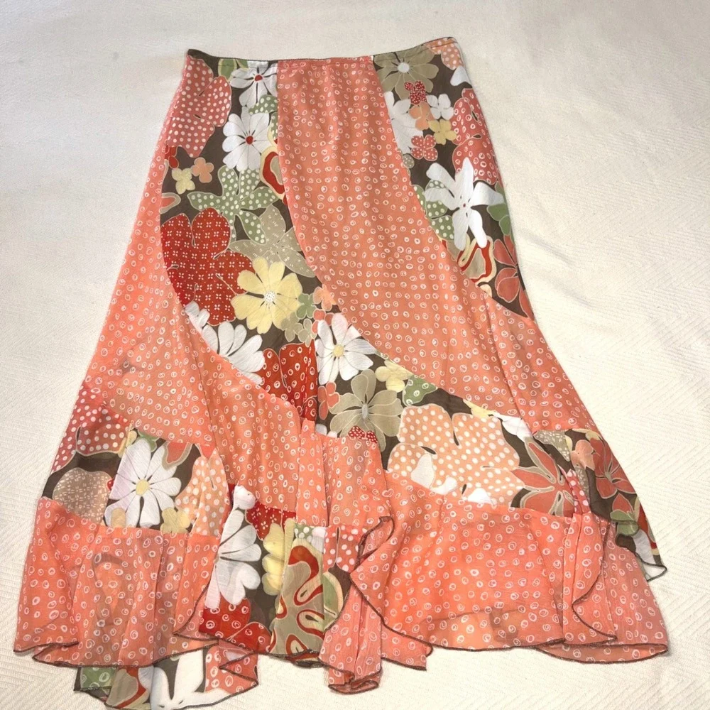 Vintage 90s Allison Taylor Orange Floral Patchwork Skirt Set Cowl Neck Top M